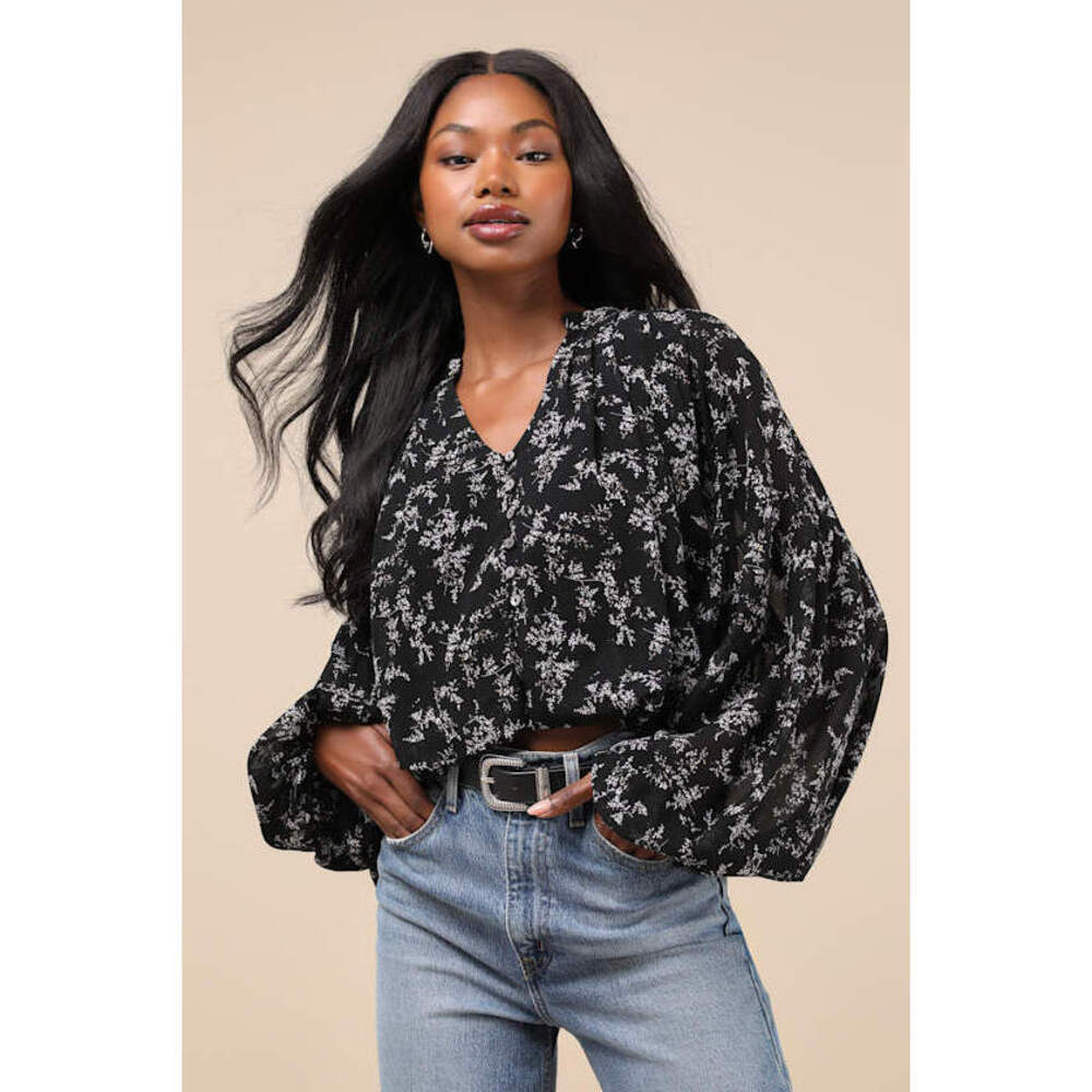 Lulus Season Of Blooms Black Floral Print Balloon Sleeve Top - Size S